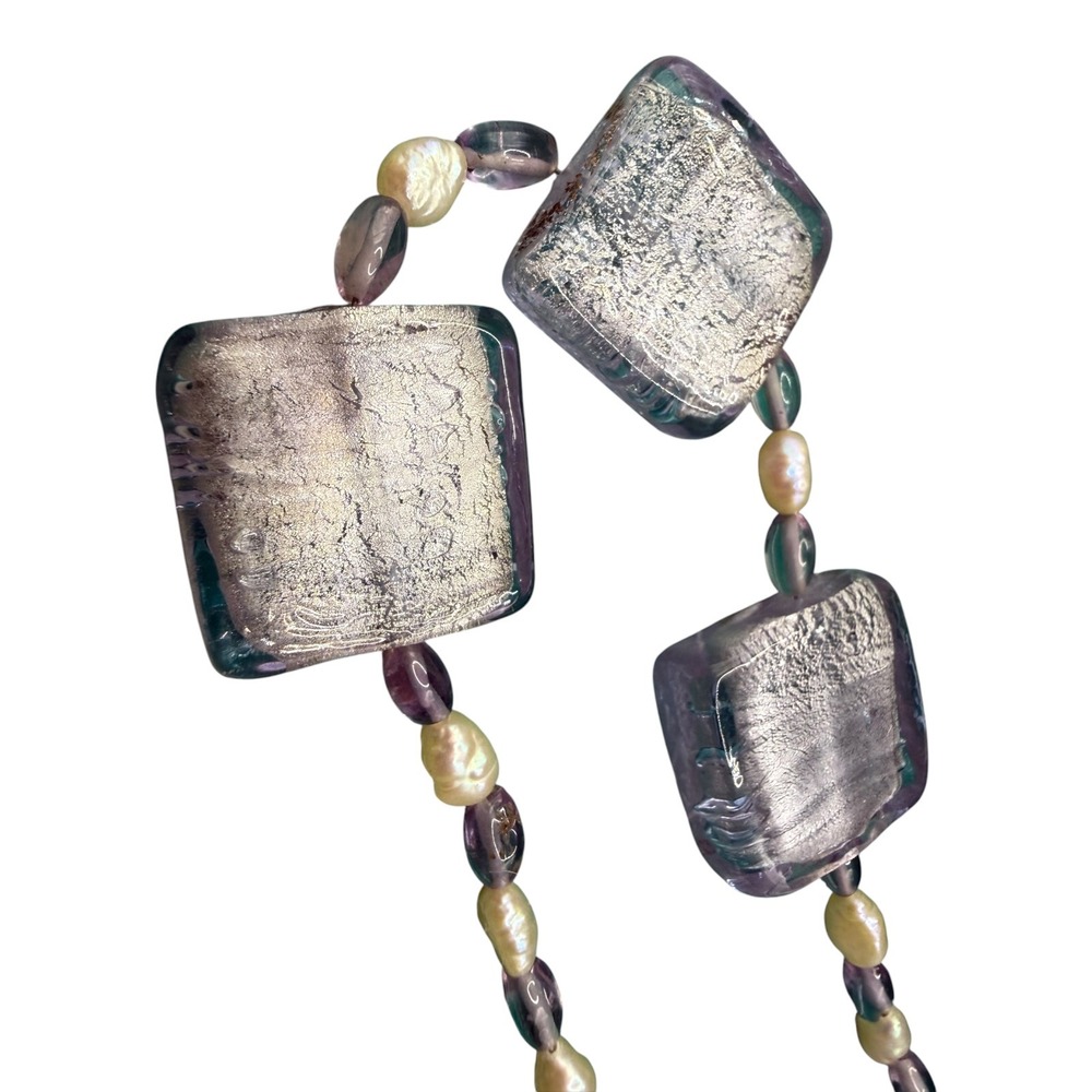 Artisan Venetian Glass Silver Foil Square Bead & Freshwater Pearl Necklace 19" - Picture 6 of 15